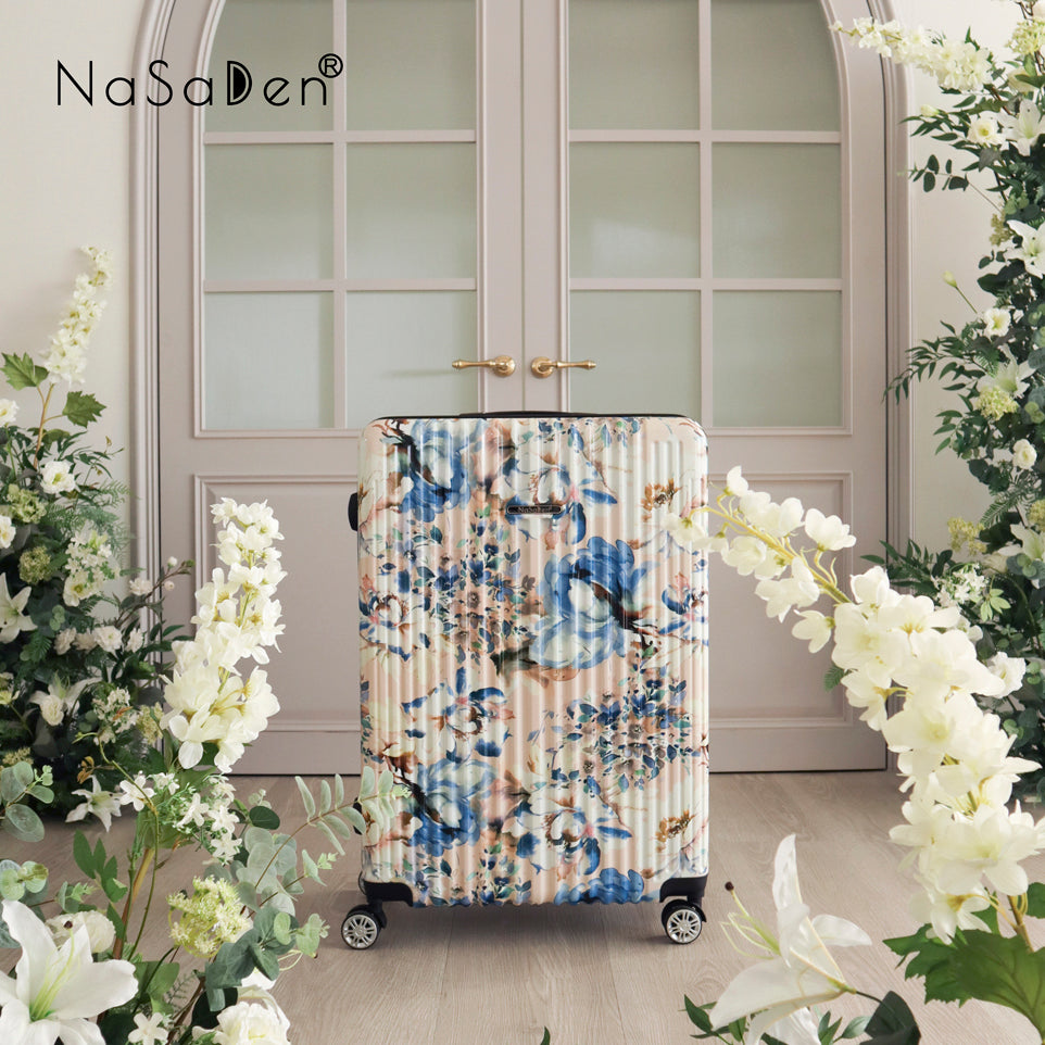 【NaSaDen】ベージュ花柄 限定プリント 22インチ機内持込可能 / 26インチ / 29インチ受託手荷物 ファスナー式スーツケース