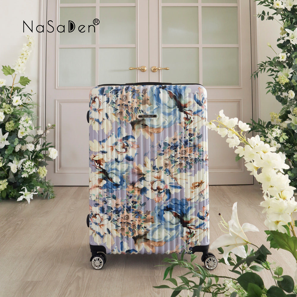 展示品【NaSaDen】紫の花柄限定プリント 22インチ キャリーオン ジッパーラゲッジ